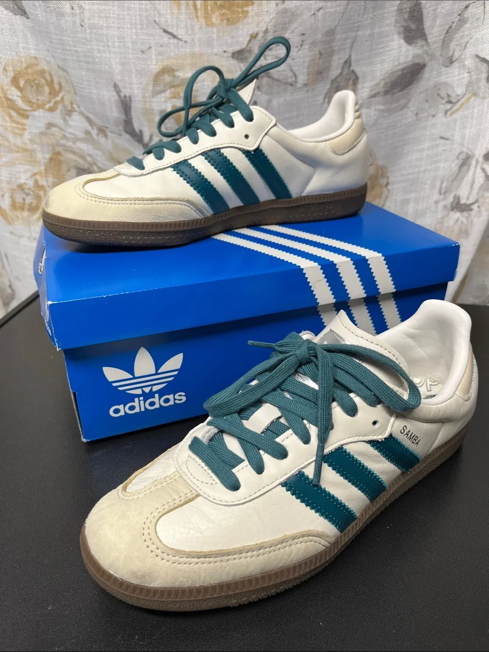 adidas Samba Cream Sneakers with Teal Stripes- IG1963